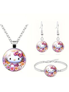 Hello Kitty 3Pc Jewelry Set Silver Pink Flower Accent Charm Bracelet Necklace